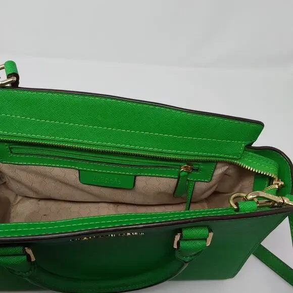 Michael Kors Selma Medium Satchel Green Saffiano Leather Crossbody Tote Purse - Picture 15 of 16